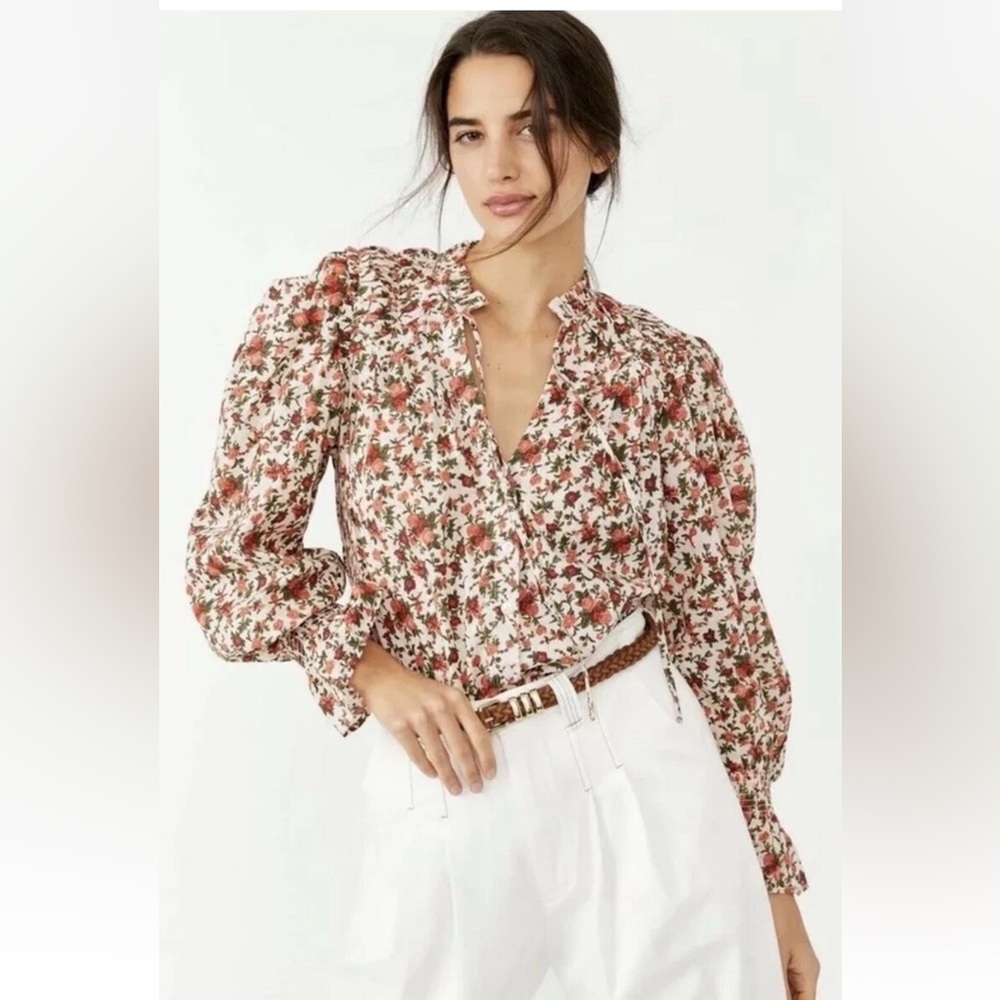 Free People Fall Floral Print Long Sleeve Fall Puff Sleeve Shirt Peasant Size M